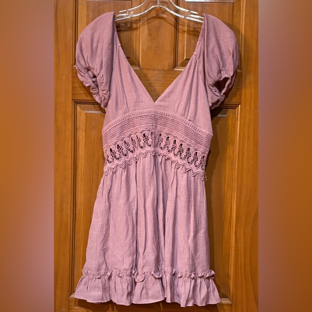 Lulu's Dusty Rose Crochet-Trim Puff Sleeve Mini Dress - Picture 2 of 11